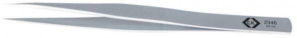 The image shows a narrow, metallic tweezer. It has a shiny surface, is long and pointed at the end. On the side, a number and a logo are embossed.