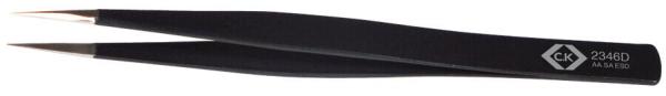 The image shows a black tweezer with narrow, pointed tips. The surface is smooth and has a matte texture. On one side, a brand logo is engraved.