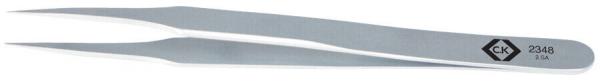 The image shows a silver stainless steel tweezer. It has two pointed ends that meet in the middle. There is an embossing on the handle. It is narrow and slightly curved.