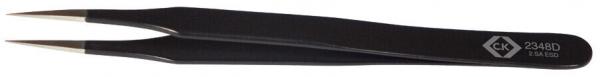 Das Bild zeigt eine schwarze Pinzette mit schmalen, spitzen Spitzen. Sie hat eine ergonomische Form, um präzises Greifen zu ermöglichen. Auf der Seite ist eine Kennzeichnung sichtbar.