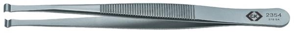 It is a silver metal tweezer with a straight, narrow shape. The surfaces are smooth, and one side has a ridged structure for better grip.