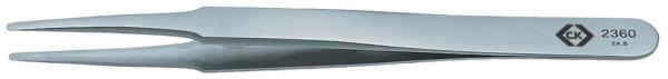 The image shows a silver stainless steel tweezer. It has thin, pointed tips and a flat, wide surface. The tweezer is slightly curved and features an engraved number.