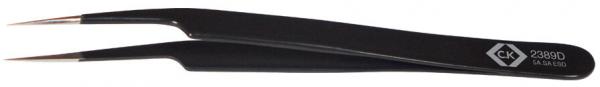 The image shows a black tweezer with narrow, precise tips. It is slightly curved and has a non-slip surface for better grip. There is a logo at the end.