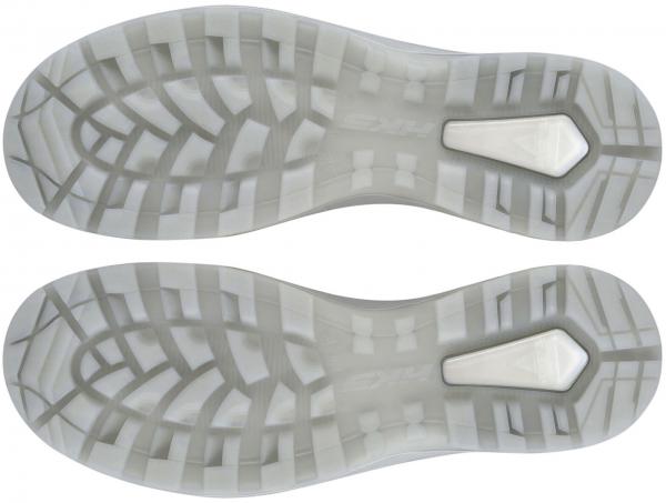 Das Bild zeigt die Sohle eines Schuhs von oben. Sie ist überwiegend hell und transparent mit einem strukturierten Muster, das für besseren Grip sorgt. In der Mitte ist ein markantes Element in Form eines kleinen, hellen Rechtecks.