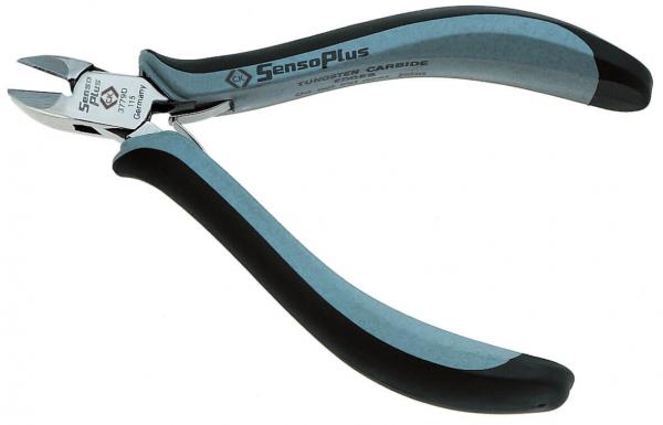 This is a pair of side-cutting pliers with gray metal parts and rubberized, black handles. The pliers have a pointed cutting edge, ideal for cutting fine materials.