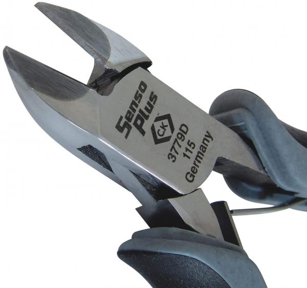 The image shows a pair of pliers with sharp, pointed blades, made of metal with a shiny finish. The handles are black with gray rubber elements for better grip.