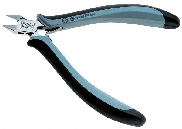 The image shows a pair of pliers with short, narrow tips. The handles are black and light blue, ergonomically shaped. The blades are shiny and sturdy, ideal for precise work.