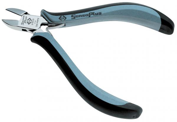 The image shows a pair of pliers with ergonomic, gray and black handles. The cutting surfaces are precisely ground and shiny, ideal for cutting wires or small objects.