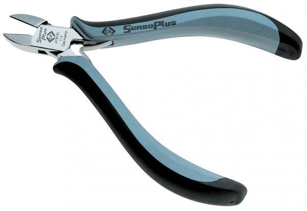 Das Bild zeigt eine Zange mit geschwungenen, ergonomisch geformten Griffen. Die Griffe sind blau und schwarz, und die Zange hat eine glänzende, metallische Schneide.