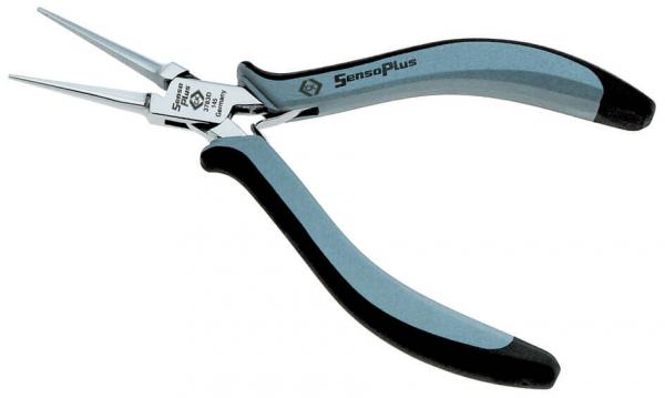 The image shows a long-nosed pliers with two pointed jaws. The handles are ergonomically shaped, in blue and black, and provide a good grip for precise work.