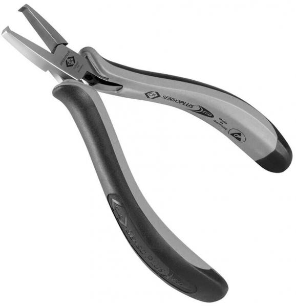 The image shows a high-quality pair of pliers with short, pointed blades. The handle is ergonomically shaped and has a rubber coating for better grip. The surface is shiny and metallic.