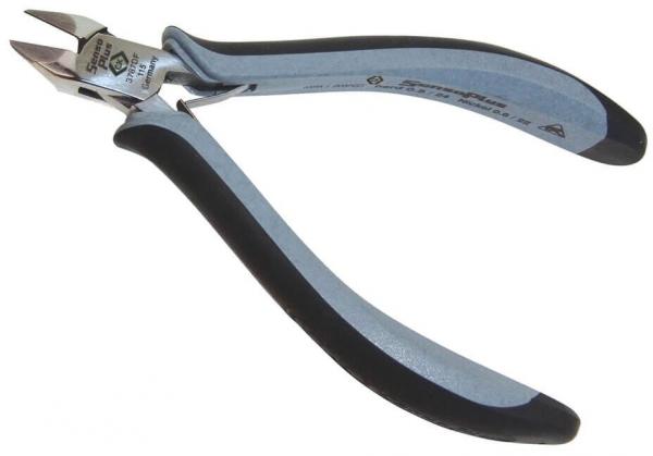 The image shows a pair of pliers with an ergonomic, blue and black handle. The tips are sharp and slightly curved, ideal for cutting. It appears sturdy and precise.