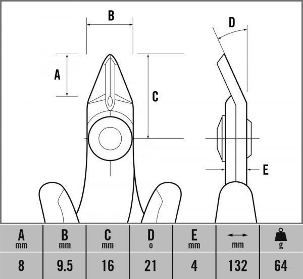 Das Bild zeigt technische Zeichnungen eines Werkzeugs mit verschiedenen Maßen. Die Maße sind A, B, C, D und E in Millimetern angegeben, mit einer Gesamtmasse von 64 Gramm.