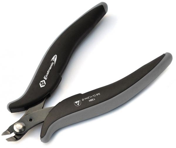 The image shows a pair of pliers with long, curved handles. The handles are black and gray, while the cutting edge at the end is pointed and metallic. The pliers appear ergonomic.