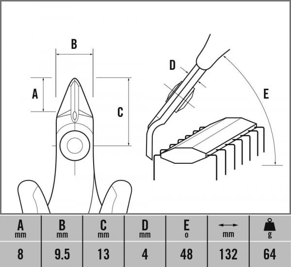 The image displays technical drawings of a tool with measurements. At the top is the tool tip and next to it a hand holding it. Below, dimensions are provided in millimeters.