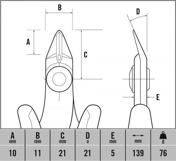 The image displays technical drawings of a tool. It includes dimensions for A, B, C, D, E, and the weight. The views are from above, from the side, and direct, with many precise details.