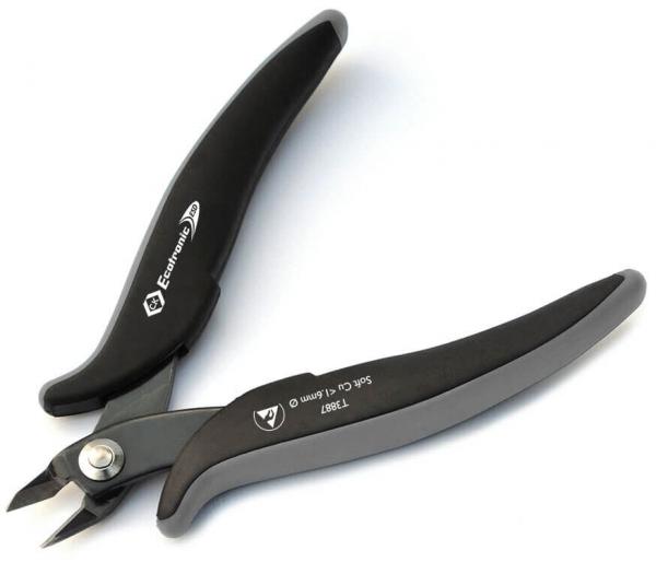 The image shows a sharp pair of pliers with black handles and a silver pivot. The blades are small and pointed, ideal for precise cutting of materials. The pliers are lying open.