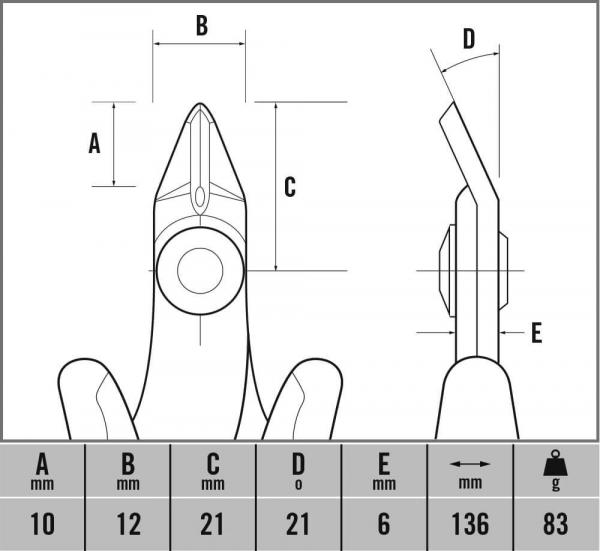 The image shows a technical drawing of a tool with various dimensions: A, B, C, D, and E, which specify the size and shape. The dimensions are given in millimeters.
