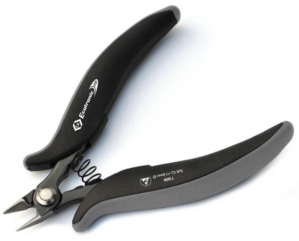 The image shows a plant cutter with black, ergonomic handles. The blades are sharp and face outward, connected by a metal spring in the middle.