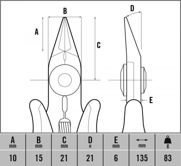 The image shows a technical drawing of a pair of pliers with various dimensions. The pliers have a pointed shape, a round handle, and a joint. The dimensions are clearly labeled.