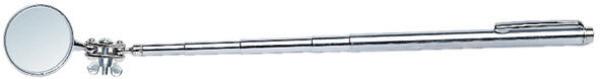 The image shows a long, chrome-plated hand mirror with a round mirror at one end. The handle is extendable and features a convenient holder. Ideal for checking hard-to-see areas.