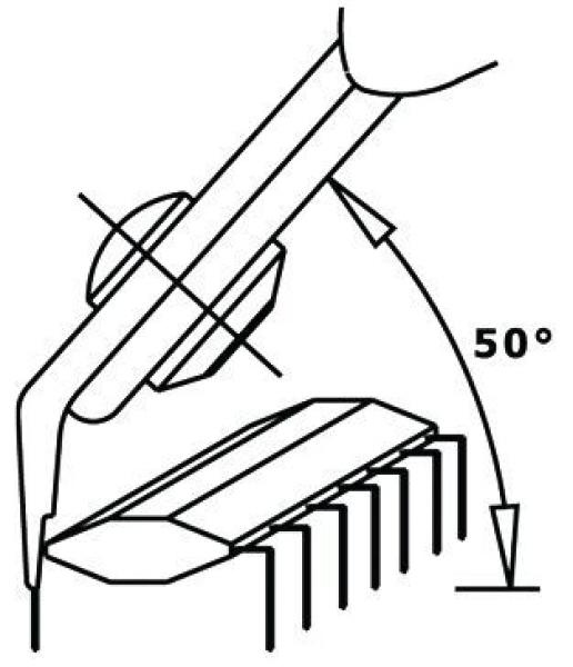 The image shows a pair of pliers positioned at an angle over an object. The angle is 50 degrees. There is a dashed line that marks the distance and the measurement.