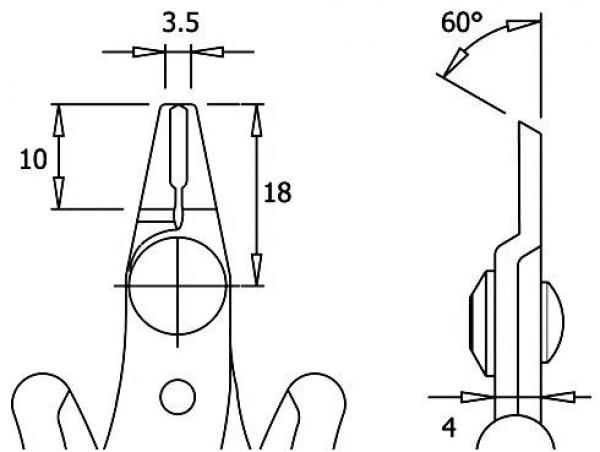 The image displays technical drawings of a part. On the left is the front view, on the right the side view. Dimensions are provided: width 3.5 mm, height 18 mm, and a 60° angle.