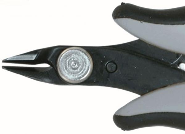 The image shows a small pair of pliers with pointed, black handles and metallic tips. The handle has a gray rubber coating for better grip. The pliers are in the closed position.
