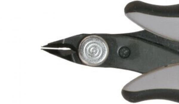 The image shows a pair of pliers with a pointed, narrow cutting edge. The handle is ergonomically designed, with non-slip rubber coatings. The metal seat has a small, round screw in the center.