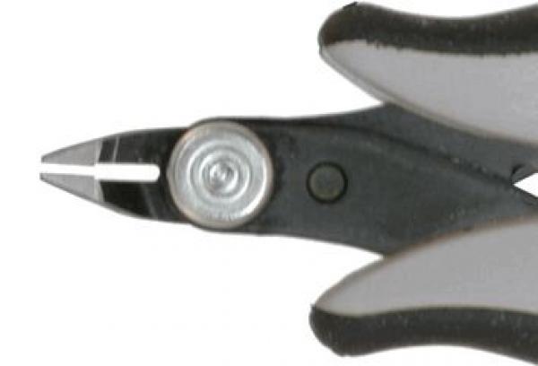 The image shows a pair of pliers with gray rubber grips. The tips are narrow and feature a small, straight cutting edge. In the center, a round screw is visible.