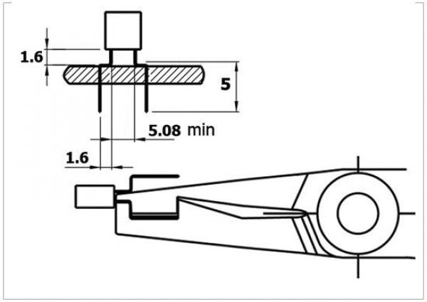Das Bild zeigt technische Zeichnungen eines Bauteils mit verschiedenen Ansichten. Maße sind angegeben: z.B. 1,6 und 5 mm. Es gibt eine Schraube, eine runde Aussparung und eine seitliche Ansicht des Teils.