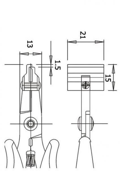 The image shows a technical drawing of a tool, possibly a pair of pliers, with dimensions. The dimensions are given in millimeters: widths of 13 mm and 21 mm, and heights of 1.5 mm and 15 mm.