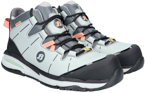 Das Bild zeigt ein Paar sportive Schuhe. Sie sind überwiegend hellblau mit grauen und schwarzen Akzenten. Die Schnürsenkel sind schwarz, und es gibt orangefarbene Details. Die Sohle ist robust.