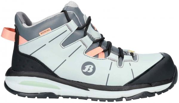 Der Schuh ist ein sportlicher, halbhoher Outdoor-Schuh mit einer hellblauen, wasserabweisenden Oberfläche. Er hat schwarze und orangefarbene Details sowie eine griffige Sohle.