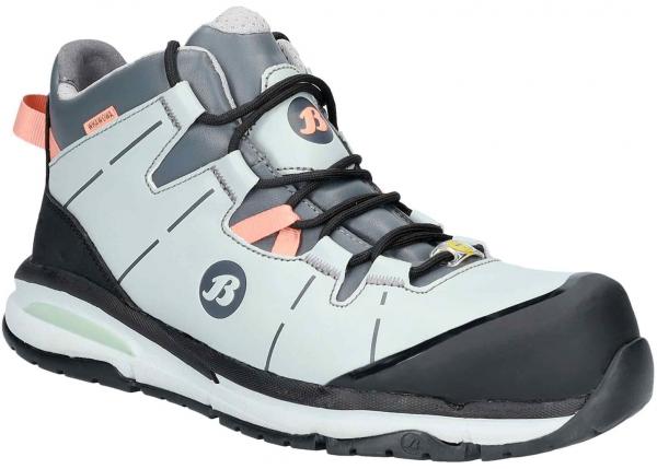 Der Schuh ist ein sportlicher, halbhoher Trekking-Stiefel in hellblauer Farbe. Er hat eine schwarze Gummikappe vorne, graue Schnürsenkel und orangefarbene Details. Die Sohle ist stabil und flexibel.