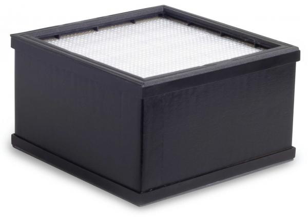 The image shows a rectangular black box with a grid-like white lid. The box has smooth sides and appears sturdy.