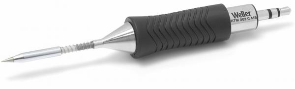 The image shows a soldering iron that is sleek and metallically shiny. The handle is ergonomic, with a textured, black rubber coating for better grip.
