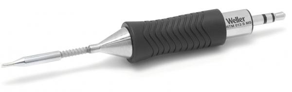 The image shows a precision tool with a long, pointed, metallic end and a non-slip, black handle. It has a slender shape and a spring component.