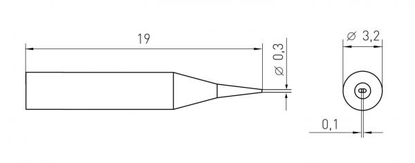 The image displays a technical drawing of a thin, pointed object with specified dimensions: 19 mm in length, 3.2 mm in diameter at the thicker part, and 0.3 mm at the tip. A cross-section is shown on one side.