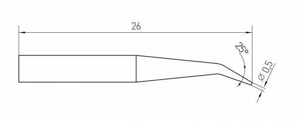 Das Bild zeigt eine technische Zeichnung eines Werkzeugs. Es hat eine Länge von 26 mm, mit einer spitzen, hakenartigen Form, die einen Durchmesser von 0,5 mm hat und in einem Winkel von 25° verläuft.