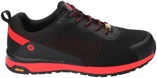 Der Schuh ist schwarz mit roten Akzenten. Er hat ein sportliches Design, eine atmungsaktive Oberseite und eine rutschfeste Sohle. Die Schnürsenkel sind ebenfalls rot.