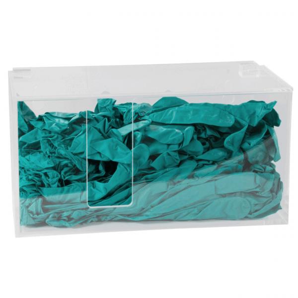 In einer klaren, rechteckigen Box befinden sich viele zusammengeballte, türkise Ballons. Die Box hat eine Öffnung auf der Vorderseite. Der Inhalt wirkt bunt und festlich.