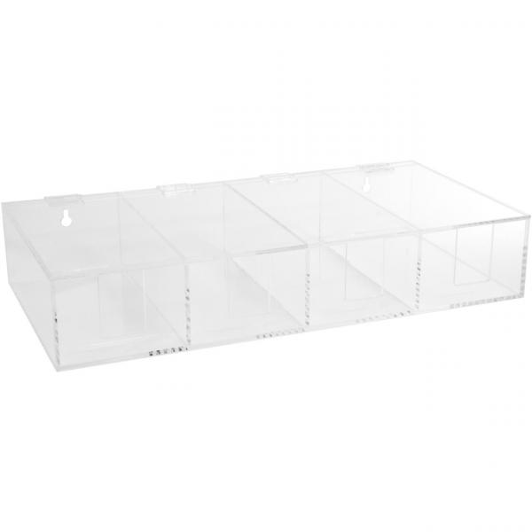 The image shows a transparent plastic organizer with three equally sized compartments. Each compartment has an open front and is ideal for sorting small items.