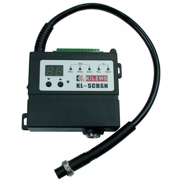 The image shows a compact control unit with a digital display and buttons for start, stop, and direction change. It has a cable connection on the bottom. The casing is black.