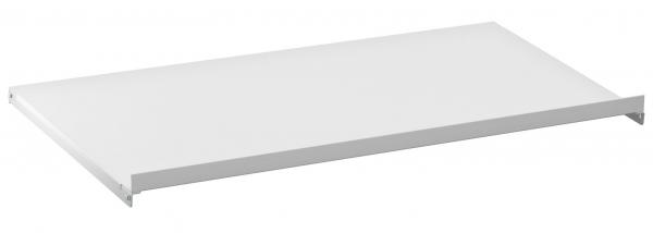 The image displays a rectangular, flat shelf in a matte white color. It features rounded edges and a smooth surface, without visible compartments or storage elements.