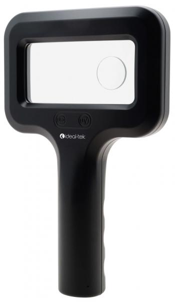 The image shows a black magnifying glass with a rectangular lens and a round auxiliary window. The handle is ergonomically designed, and there are two buttons at the lower end.