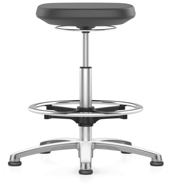 The image shows an adjustable stool with a round, flat seat in black. It has a sturdy, metal base with five casters and a round foot ring.