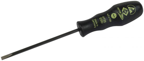 The image shows a screwdriver with a long, thin metal head and a grippy black plastic handle. The handle has yellow markings and labeling.