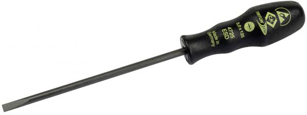 The image shows a screwdriver with a long, slender metal shaft and a black, non-slip handle. The handle has yellow markings and is ergonomically shaped.