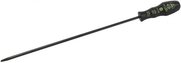 The image shows a long, thin screwdriver with a black, non-slip handle. The handle has green lettering and the tool is straight and metallic.